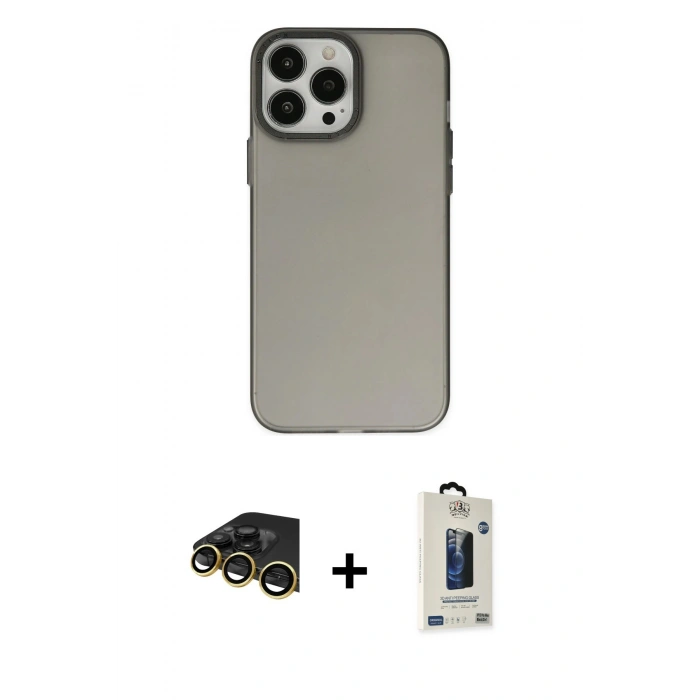 MARSİLYAN™- iPhone 14 Pro Max Kılıf Ahenk Çizgi Prime - Siyah Bilvis Hayalet Cam Ekran Koruyucu + Raze Metal Kamera Lens - GD