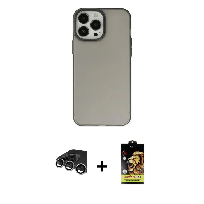 MARSİLYAN™- iPhone 14 Pro Max Kılıf Ahenk Çizgi Prime - Siyah Buffer Cam Ekran Koruyucu + Raze Metal Kamera Lens - GS