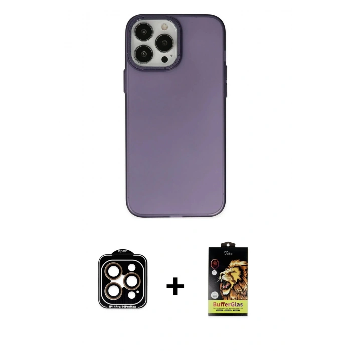 MARSİLYAN™- iPhone 14 Pro Max Kılıf Ahenk Çizgi Prime - Siyah Buffer Cam Ekran Koruyucu + PVD Metal Kamera Lens - TU