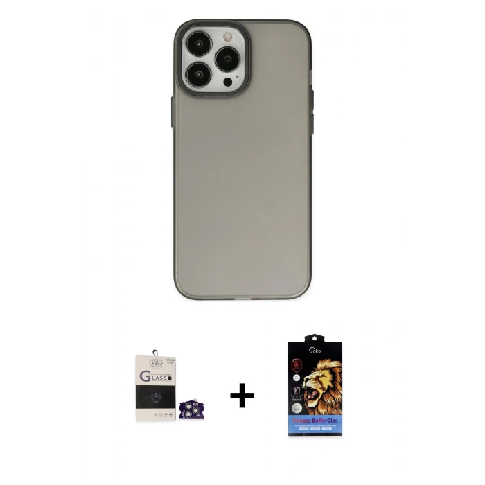 MARSİLYAN™- iPhone 14 Pro Max Kılıf Ahenk Çizgi Prime - Siyah Buffer Hayalet Cam Ekran Koruyucu + Gümüş Bilvis Titan Kamera Lens