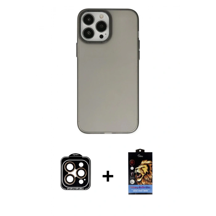 MARSİLYAN™- iPhone 14 Pro Max Kılıf Ahenk Çizgi Prime - Siyah Buffer Hayalet Cam Ekran Koruyucu + PVD Metal Kamera Lens - TU