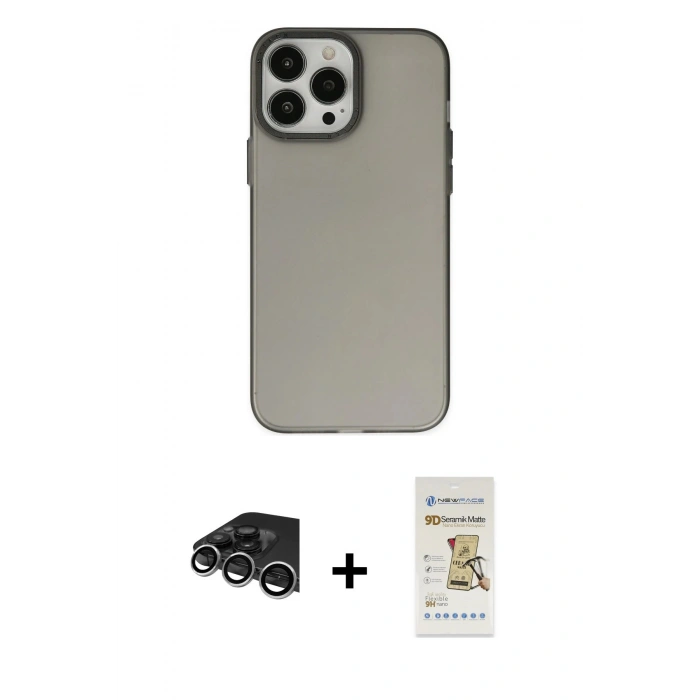 MARSİLYAN™- iPhone 14 Pro Max Kılıf Ahenk Çizgi Prime - Siyah Mat Seramik Nano Ekran Koruyucu + Raze Metal Kamera Lens - GS
