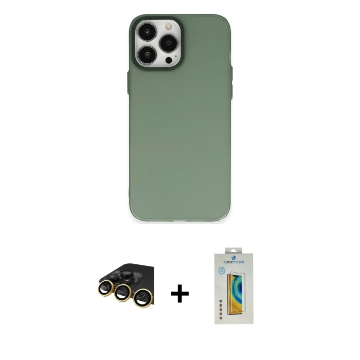 MARSİLYAN™- iPhone 14 Pro Max Kılıf Ahenk Çizgi Prime - Siyah Polymer Nano Ekran Koruyucu + Gold Raze Metal Kamera Lens