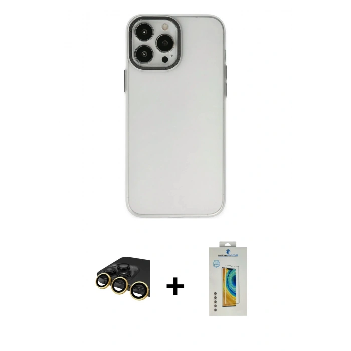 MARSİLYAN™- iPhone 14 Pro Max Kılıf Ahenk Çizgi Prime - Siyah Polymer Nano Ekran Koruyucu + Gold Raze Metal Kamera Lens