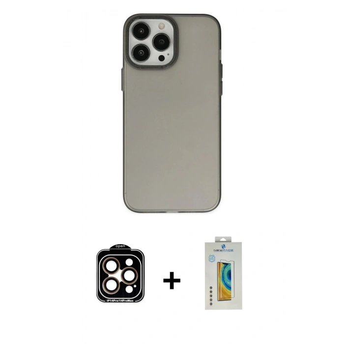 MARSİLYAN™- iPhone 14 Pro Max Kılıf Ahenk Çizgi Prime - Siyah Polymer Nano Ekran Koruyucu + PVD Metal Kamera Lens - TU