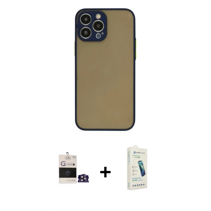 MARSİLYAN™- iPhone 14 Pro Max Kılıf Ahenk Çizgi Serisi - Şeffaf Pasifik Cam Ekran Koruyucu + Bilvis Titan Kamera Lens - GS