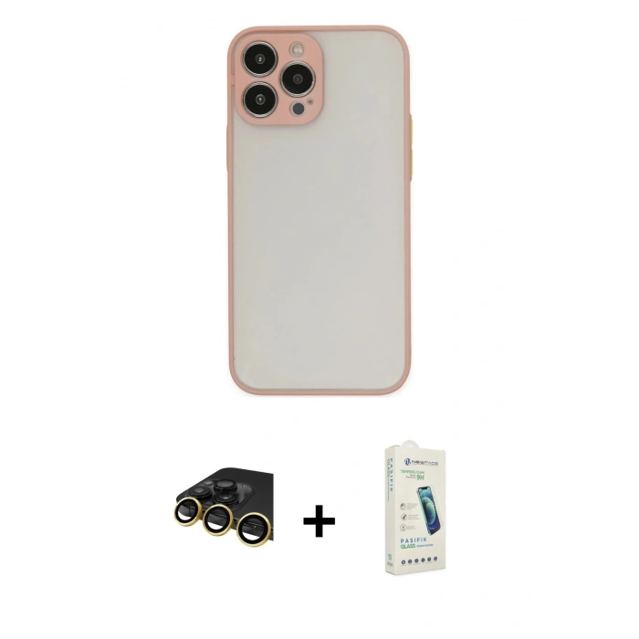 MARSİLYAN™- iPhone 14 Pro Max Kılıf Ahenk Çizgi Serisi - Şeffaf Pasifik Cam Ekran Koruyucu + Raze Metal Kamera Lens - GD