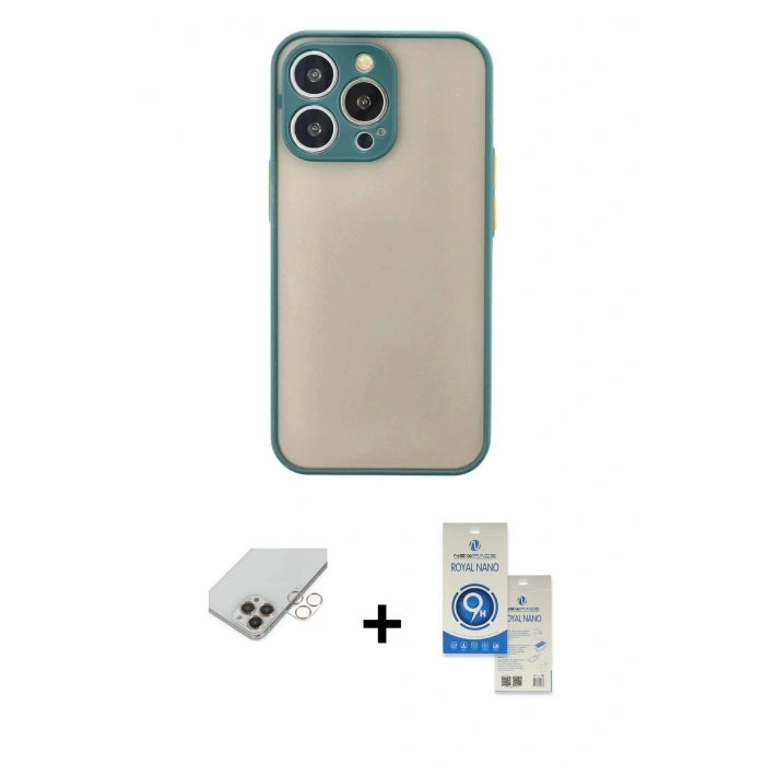 MARSİLYAN™- iPhone 14 Pro Max Kılıf Ahenk Çizgi Serisi - Şeffaf Royal Nano Ekran Koruyucu + Gold Band Metal Kamera Lens