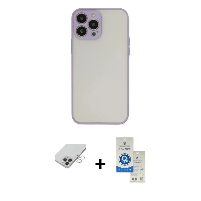 MARSİLYAN™- iPhone 14 Pro Max Kılıf Ahenk Çizgi Serisi - Şeffaf Royal Nano Ekran Koruyucu + Gold Band Metal Kamera Lens