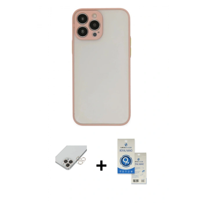 MARSİLYAN™- iPhone 14 Pro Max Kılıf Ahenk Çizgi Serisi - Şeffaf Royal Nano Ekran Koruyucu + Gold Band Metal Kamera Lens