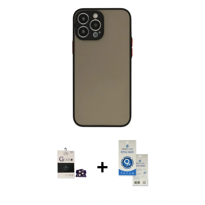 MARSİLYAN™- iPhone 14 Pro Max Kılıf Ahenk Çizgi Serisi - Şeffaf Royal Nano Ekran Koruyucu + Gold Bilvis Titan Kamera Lens