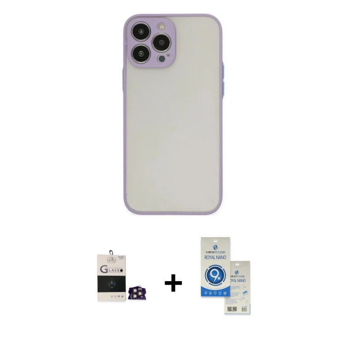 MARSİLYAN™- iPhone 14 Pro Max Kılıf Ahenk Çizgi Serisi - Şeffaf Royal Nano Ekran Koruyucu + Gold Bilvis Titan Kamera Lens