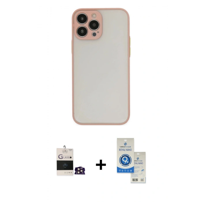MARSİLYAN™- iPhone 14 Pro Max Kılıf Ahenk Çizgi Serisi - Şeffaf Royal Nano Ekran Koruyucu + Gold Bilvis Titan Kamera Lens