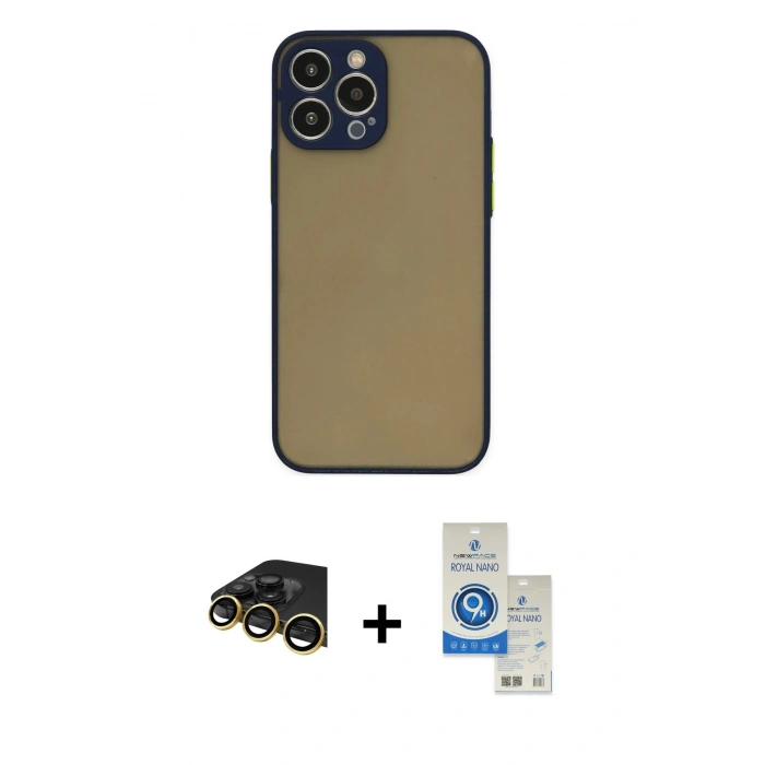 MARSİLYAN™- iPhone 14 Pro Max Kılıf Ahenk Çizgi Serisi - Şeffaf Royal Nano Ekran Koruyucu + Raze Metal Kamera Lens - GD