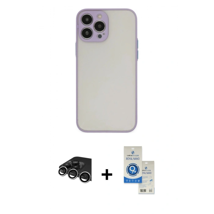 MARSİLYAN™- iPhone 14 Pro Max Kılıf Ahenk Çizgi Serisi - Şeffaf Royal Nano Ekran Koruyucu + Raze Metal Kamera Lens - GS