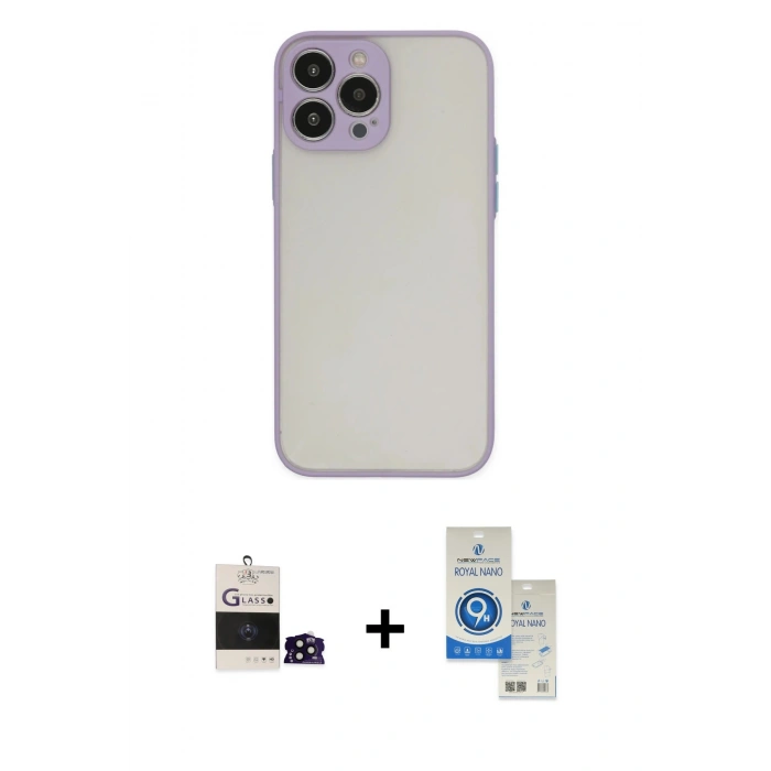 MARSİLYAN™- iPhone 14 Pro Max Kılıf Ahenk Çizgi Serisi - Şeffaf Royal Nano Ekran Koruyucu + Bilvis Titan Kamera Lens - SH
