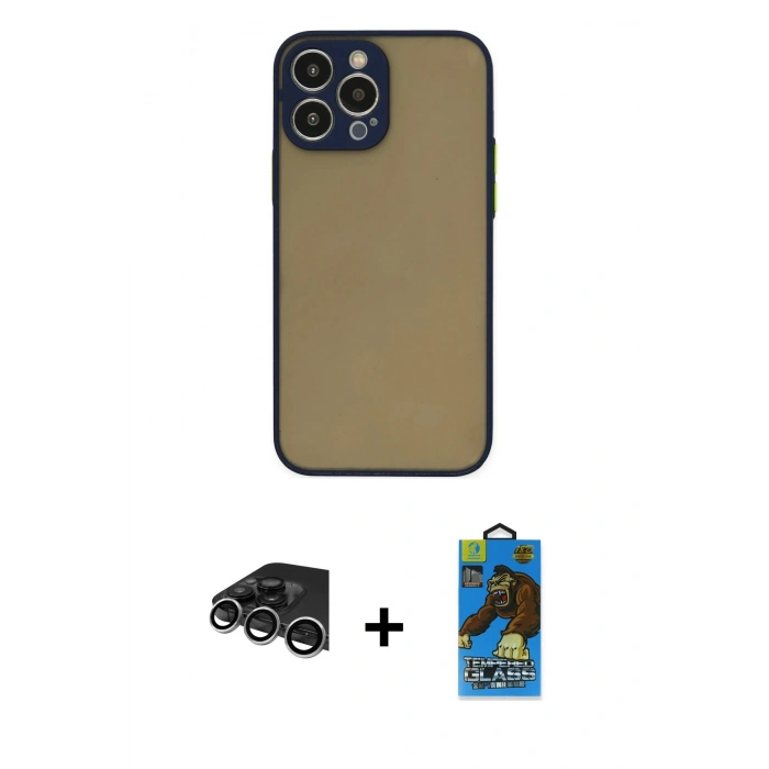 MARSİLYAN™- iPhone 14 Pro Max Kılıf Ahenk Çizgi Serisi - Siyah 18D Cam Ekran Koruyucu + Raze Metal Kamera Lens - GS