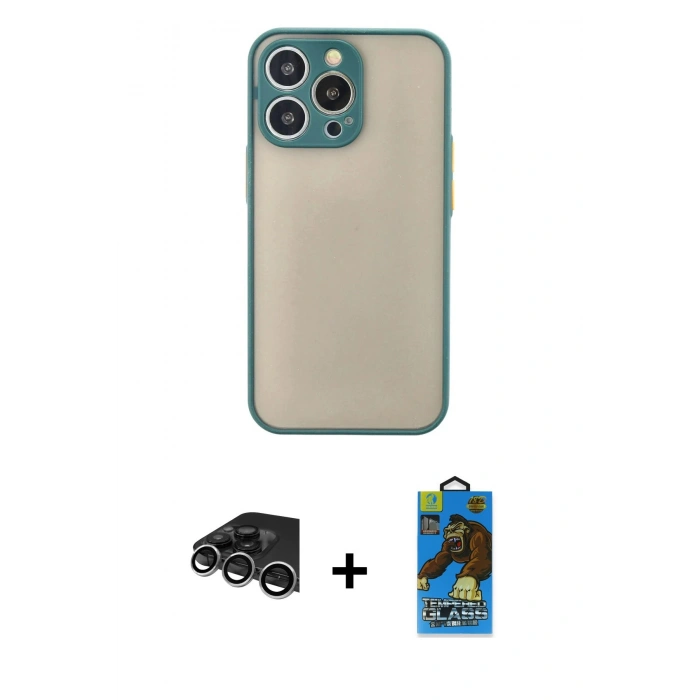 MARSİLYAN™- iPhone 14 Pro Max Kılıf Ahenk Çizgi Serisi - Siyah 18D Cam Ekran Koruyucu + Raze Metal Kamera Lens - GS