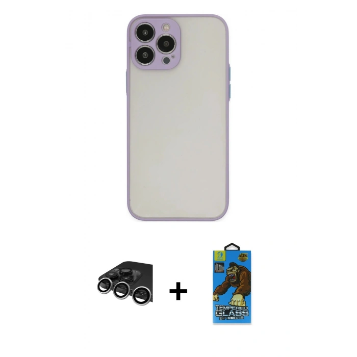 MARSİLYAN™- iPhone 14 Pro Max Kılıf Ahenk Çizgi Serisi - Siyah 18D Cam Ekran Koruyucu + Raze Metal Kamera Lens - GS