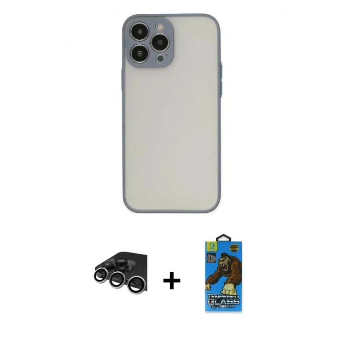 MARSİLYAN™- iPhone 14 Pro Max Kılıf Ahenk Çizgi Serisi - Siyah 18D Cam Ekran Koruyucu + Raze Metal Kamera Lens - GS