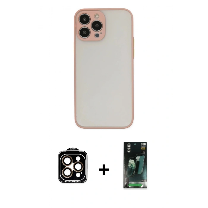 MARSİLYAN™- iPhone 14 Pro Max Kılıf Ahenk Çizgi Serisi - Siyah 360 Mat Full Body Arka Koruyucu + PVD Metal Kamera Lens - TU