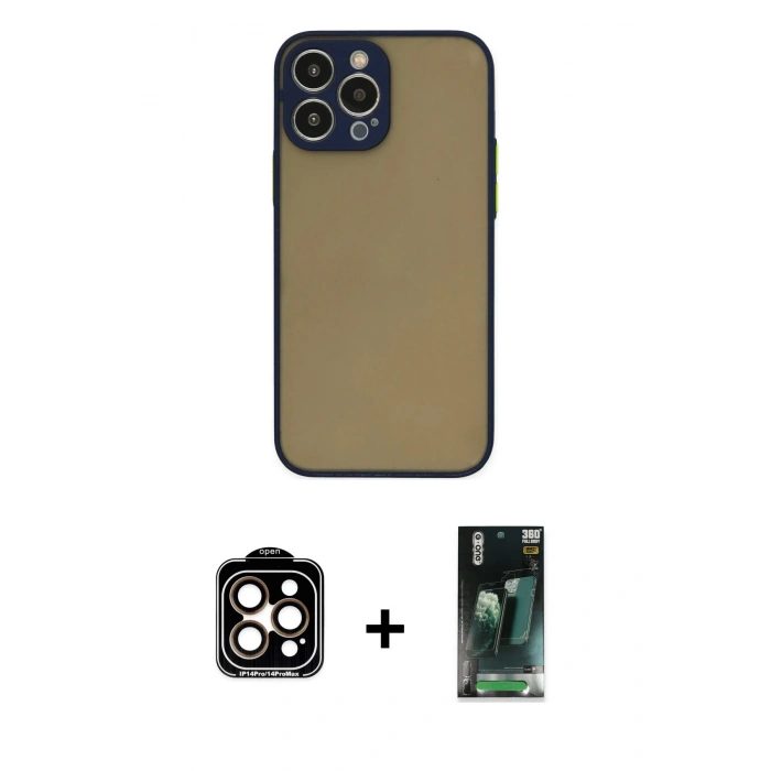 MARSİLYAN™- iPhone 14 Pro Max Kılıf Ahenk Çizgi Serisi - Siyah 360 Mat Full Body Arka Koruyucu + PVD Metal Kamera Lens - TU