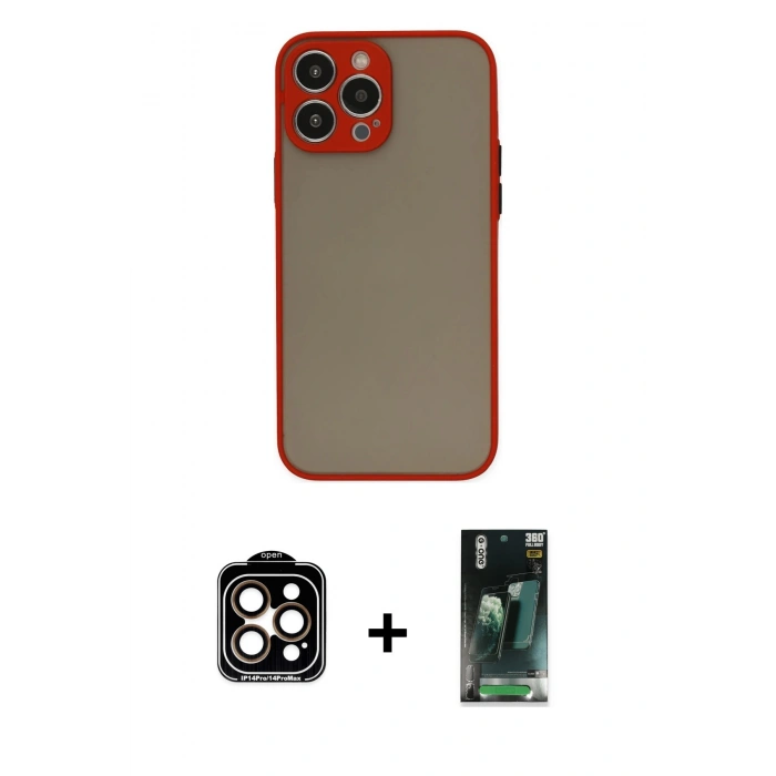 MARSİLYAN™- iPhone 14 Pro Max Kılıf Ahenk Çizgi Serisi - Siyah 360 Mat Full Body Arka Koruyucu + PVD Metal Kamera Lens - TU