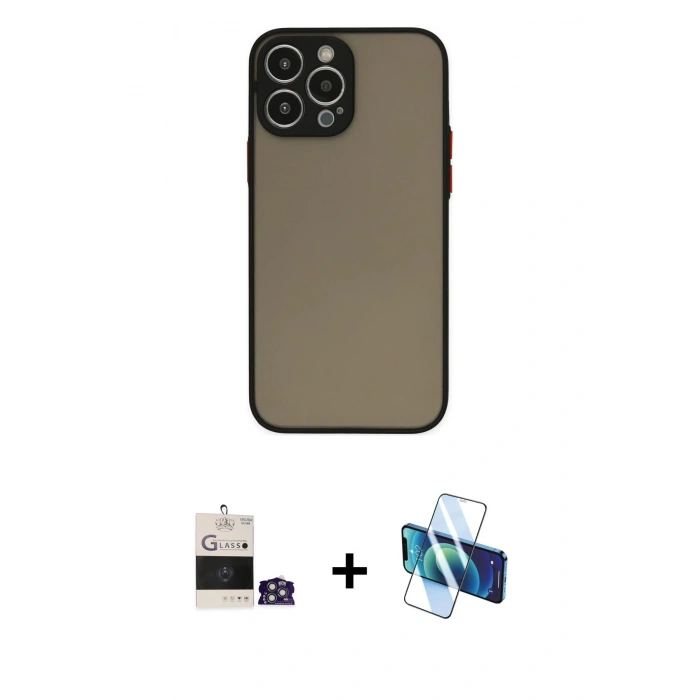 MARSİLYAN™- iPhone 14 Pro Max Kılıf Ahenk Çizgi Serisi - Siyah 3D Antistatik Cam Ekran Koruyucu + Bilvis Titan Kamera Lens - GS