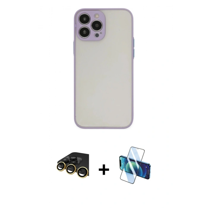 MARSİLYAN™- iPhone 14 Pro Max Kılıf Ahenk Çizgi Serisi - Siyah 3D Antistatik Cam Ekran Koruyucu + Raze Metal Kamera Lens - GD