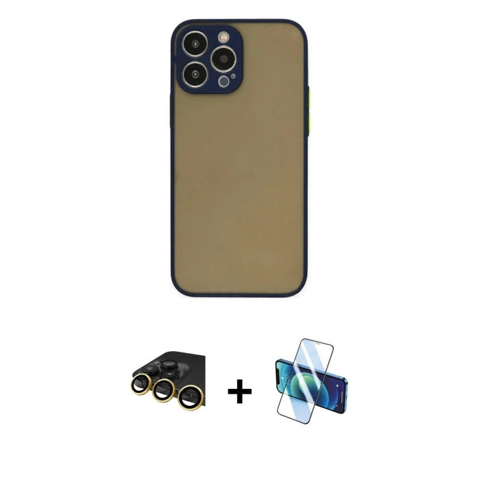 MARSİLYAN™- iPhone 14 Pro Max Kılıf Ahenk Çizgi Serisi - Siyah 3D Antistatik Cam Ekran Koruyucu + Raze Metal Kamera Lens - GD