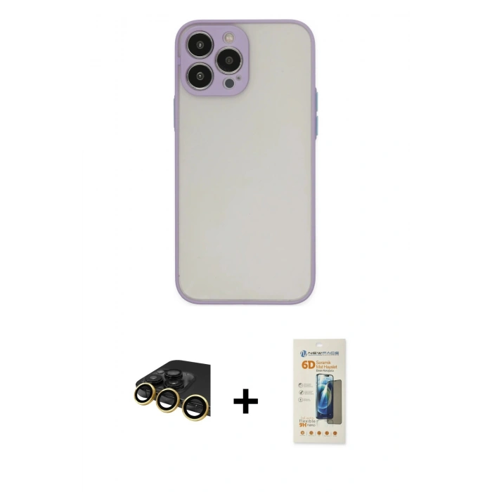 MARSİLYAN™- iPhone 14 Pro Max Kılıf Ahenk Çizgi Serisi - Siyah 6D Mat Seramik Hayalet Nano Ekran Koruyucu + Raze Metal Kamera Lens - GD