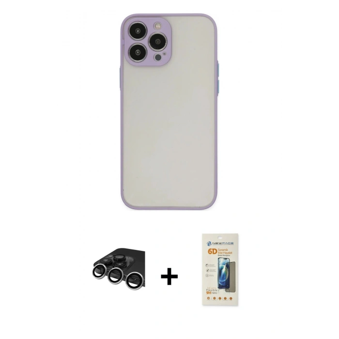 MARSİLYAN™- iPhone 14 Pro Max Kılıf Ahenk Çizgi Serisi - Siyah 6D Mat Seramik Hayalet Nano Ekran Koruyucu + Raze Metal Kamera Lens - GS