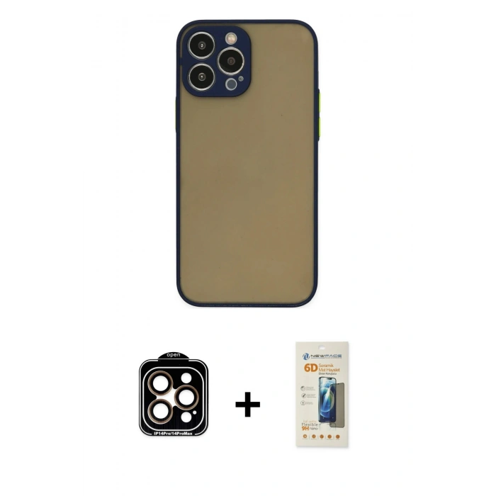 MARSİLYAN™- iPhone 14 Pro Max Kılıf Ahenk Çizgi Serisi - Siyah 6D Mat Seramik Hayalet Nano Ekran Koruyucu + PVD Metal Kamera Lens - TU