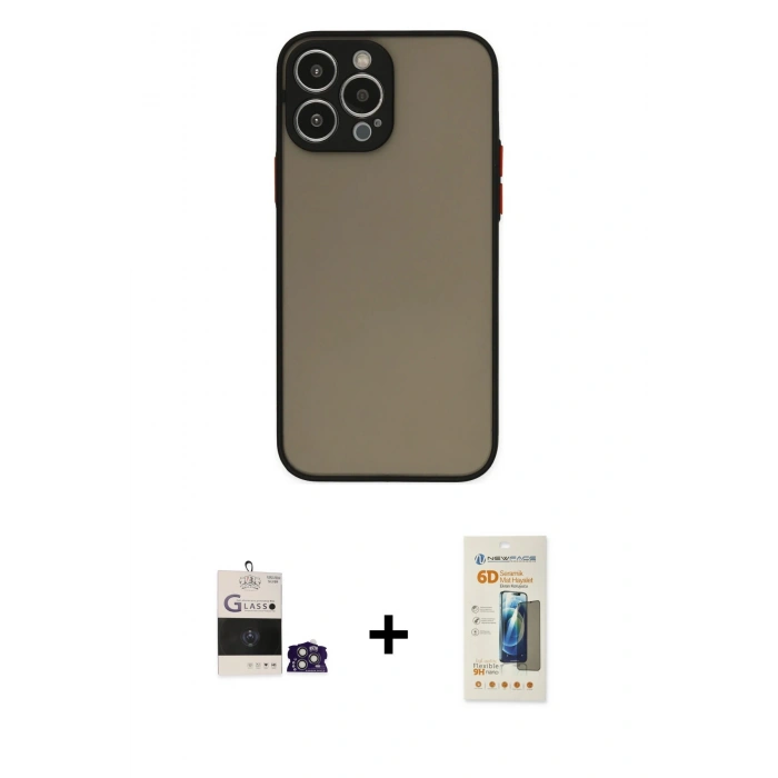 MARSİLYAN™- iPhone 14 Pro Max Kılıf Ahenk Çizgi Serisi - Siyah 6D Mat Seramik Hayalet Nano Ekran Koruyucu + Bilvis Titan Kamera Lens - GS
