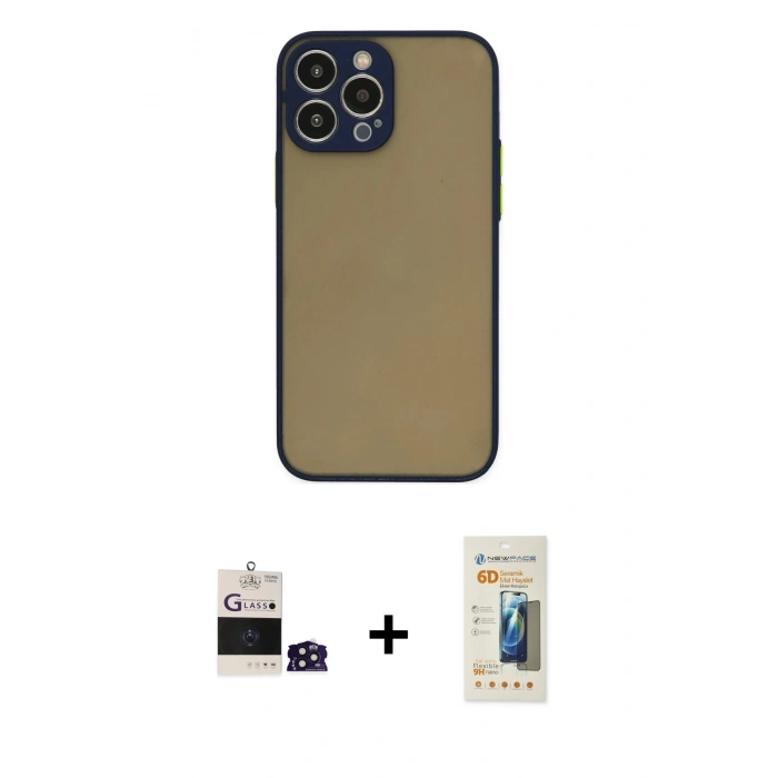 MARSİLYAN™- iPhone 14 Pro Max Kılıf Ahenk Çizgi Serisi - Siyah 6D Mat Seramik Hayalet Nano Ekran Koruyucu + Bilvis Titan Kamera Lens - DNMR