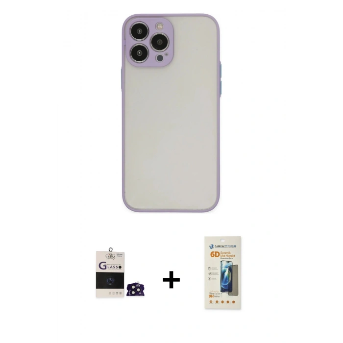 MARSİLYAN™- iPhone 14 Pro Max Kılıf Ahenk Çizgi Serisi - Siyah 6D Mat Seramik Hayalet Nano Ekran Koruyucu + Bilvis Titan Kamera Lens - DNMR