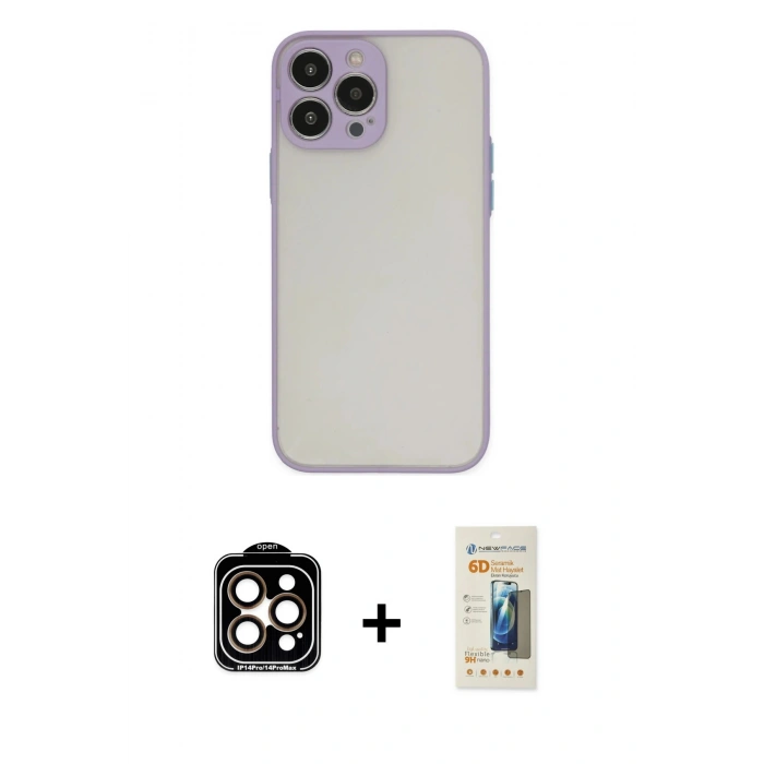 MARSİLYAN™- iPhone 14 Pro Max Kılıf Ahenk Çizgi Serisi - Siyah 6D Mat Seramik Hayalet Nano Ekran Koruyucu + PVD Metal Kamera Lens - TU