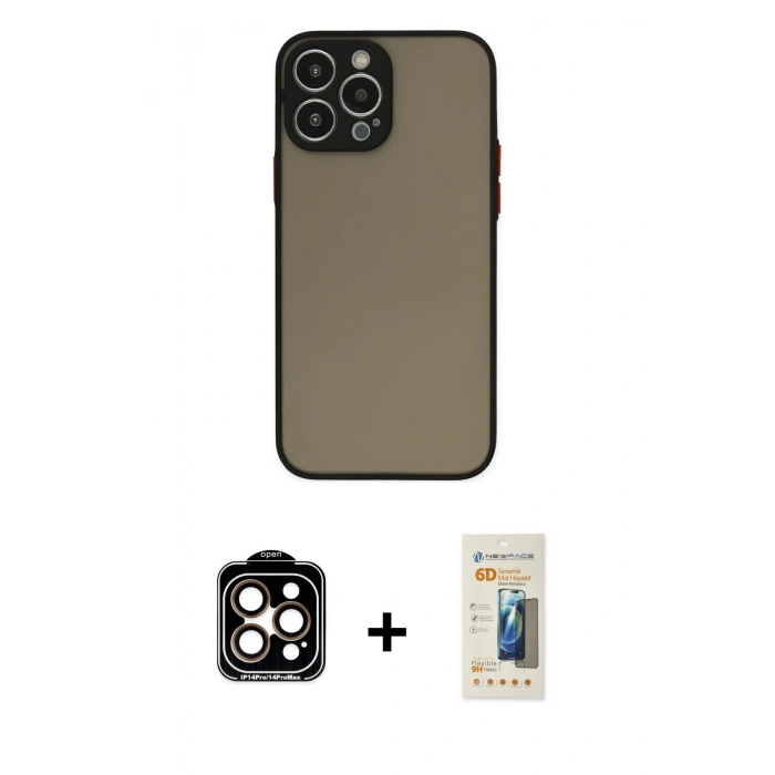 MARSİLYAN™- iPhone 14 Pro Max Kılıf Ahenk Çizgi Serisi - Siyah 6D Mat Seramik Hayalet Nano Ekran Koruyucu + PVD Metal Kamera Lens - TU