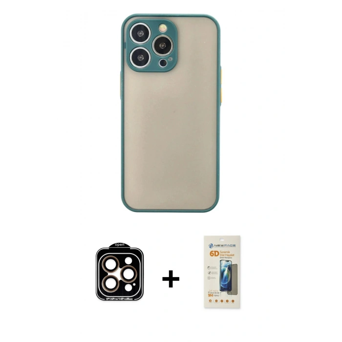 MARSİLYAN™- iPhone 14 Pro Max Kılıf Ahenk Çizgi Serisi - Siyah 6D Mat Seramik Hayalet Nano Ekran Koruyucu + PVD Metal Kamera Lens - TU