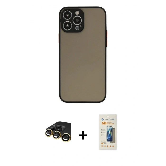 MARSİLYAN™- iPhone 14 Pro Max Kılıf Ahenk Çizgi Serisi - Siyah 6D Mat Seramik Hayalet Nano Ekran Koruyucu + Raze Metal Kamera Lens - GD