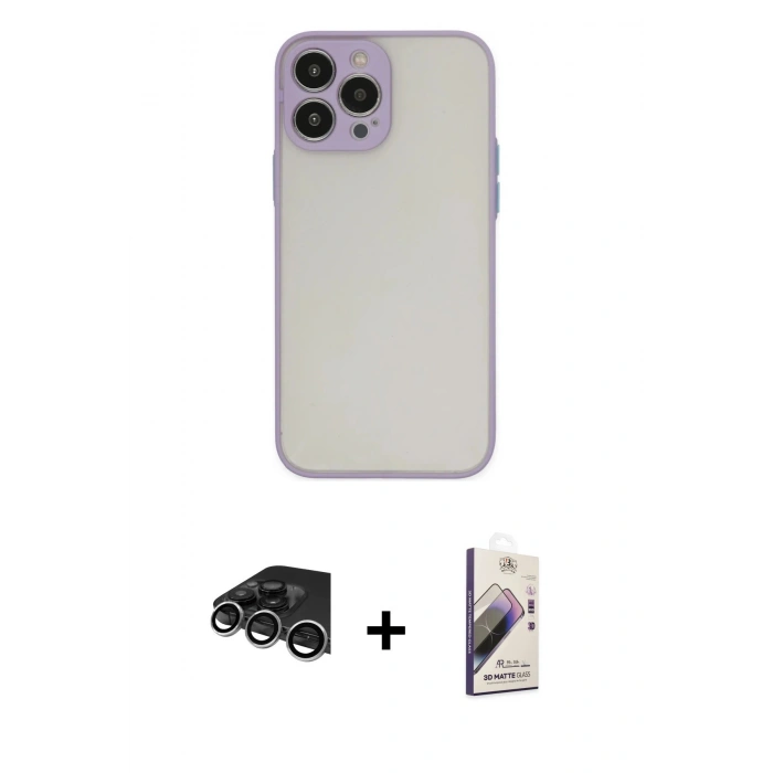MARSİLYAN™- iPhone 14 Pro Max Kılıf Ahenk Çizgi Serisi - Siyah Bilvis 3D Mat Cam Ekran Koruyucu + Raze Metal Kamera Lens - GS