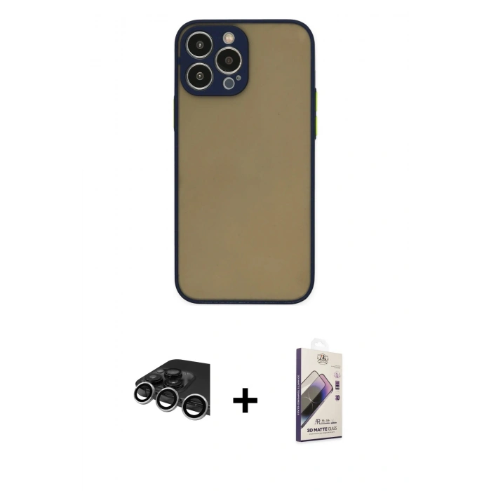 MARSİLYAN™- iPhone 14 Pro Max Kılıf Ahenk Çizgi Serisi - Siyah Bilvis 3D Mat Cam Ekran Koruyucu + Raze Metal Kamera Lens - GS