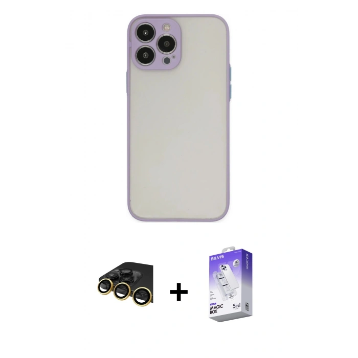 MARSİLYAN™- iPhone 14 Pro Max Kılıf Ahenk Çizgi Serisi - Siyah Bilvis 5in1 3D Magic Cam Ekran Koruyucu + Raze Metal Kamera Lens - GD