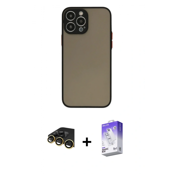MARSİLYAN™- iPhone 14 Pro Max Kılıf Ahenk Çizgi Serisi - Siyah Bilvis 5in1 3D Magic Cam Ekran Koruyucu + Raze Metal Kamera Lens - GD