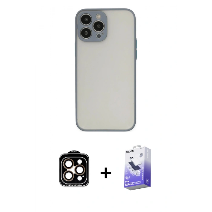 MARSİLYAN™- iPhone 14 Pro Max Kılıf Ahenk Çizgi Serisi - Siyah Bilvis 5in1 5D Magic Hayalet Cam Ekran Koruyucu + PVD Metal Kamera Lens - TU