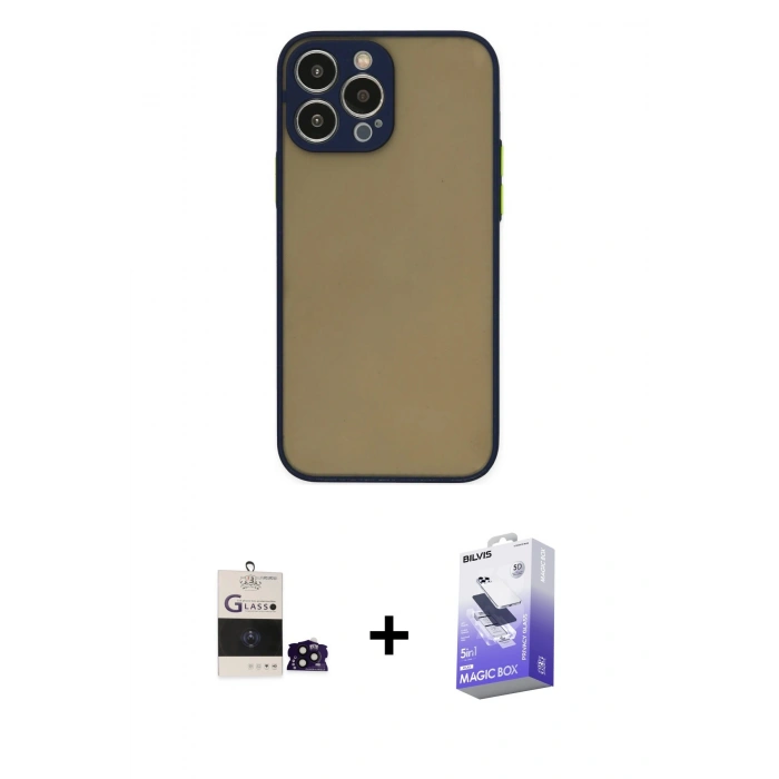 MARSİLYAN™- iPhone 14 Pro Max Kılıf Ahenk Çizgi Serisi - Siyah Bilvis 5in1 5D Magic Hayalet Cam Ekran Koruyucu + Bilvis Titan Kamera Lens - SH