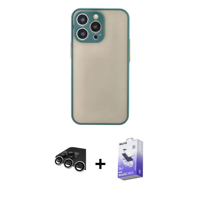MARSİLYAN™- iPhone 14 Pro Max Kılıf Ahenk Çizgi Serisi - Siyah Bilvis 5in1 5D Magic Hayalet Cam Ekran Koruyucu + Raze Metal Kamera Lens - GS