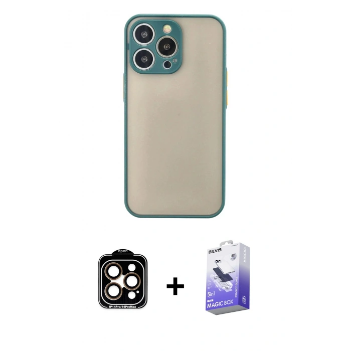 MARSİLYAN™- iPhone 14 Pro Max Kılıf Ahenk Çizgi Serisi - Siyah Bilvis 5in1 5D Magic Hayalet Cam Ekran Koruyucu + PVD Metal Kamera Lens - TU