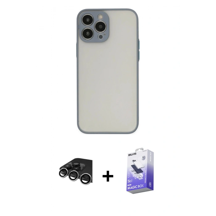 MARSİLYAN™- iPhone 14 Pro Max Kılıf Ahenk Çizgi Serisi - Siyah Bilvis 5in1 5D Magic Hayalet Cam Ekran Koruyucu + Raze Metal Kamera Lens - GS