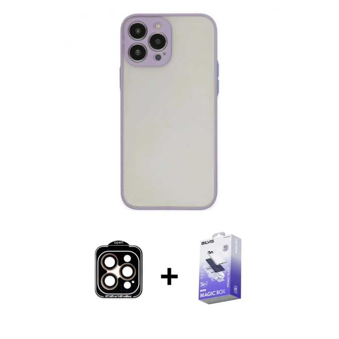 MARSİLYAN™- iPhone 14 Pro Max Kılıf Ahenk Çizgi Serisi - Siyah Bilvis 5in1 5D Magic Hayalet Cam Ekran Koruyucu + PVD Metal Kamera Lens - TU